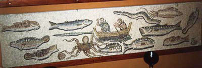 Harpoon fishing in a mosaic in Mytilene, House of Menander