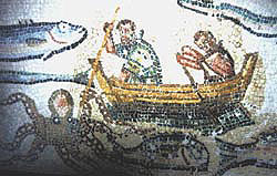 Older and younger fisherman in the mosaic in Mytilene